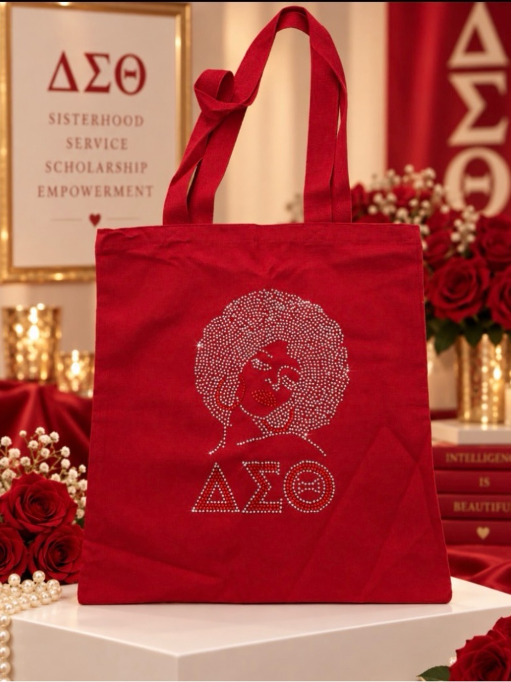 Red Rhinestone Afro Tote Bag with Delta Sigma Theta Letters